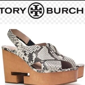 Tory Burch Snakeskin Embossed Leather Platform Wedge Sandals Grey Black White